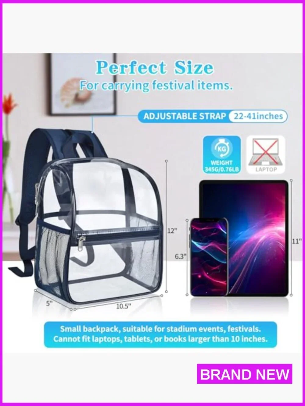 Stadium Approved Clear Backpack with Bottle Holders for Festival Concert Sports